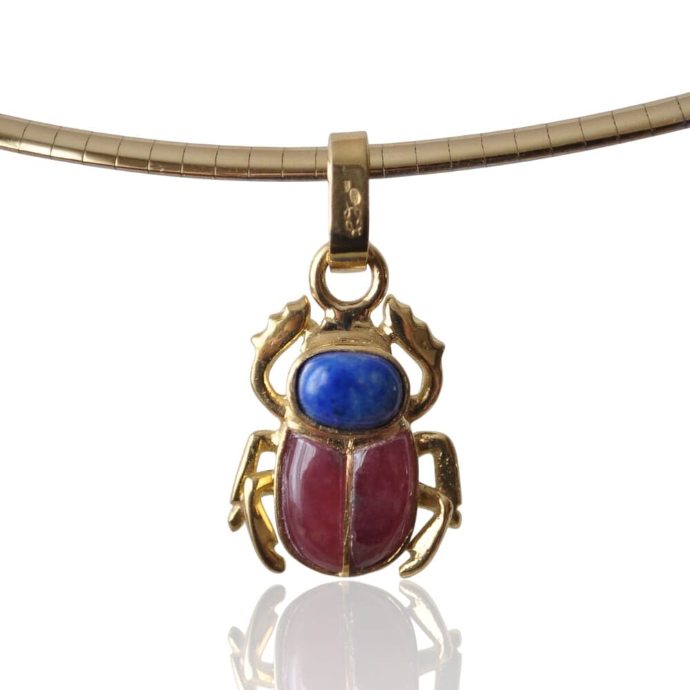 Egyptian scarab pendant with coral and lapis lazuli in 18k gold