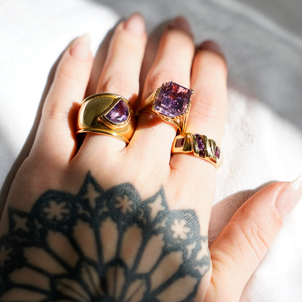 Grande bague améthyste demi-lune or 750