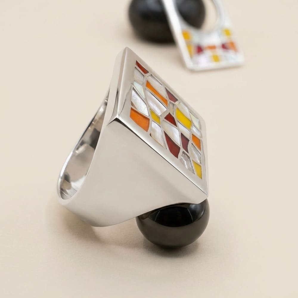 Grande bague carrée émaux ocres argent Arior