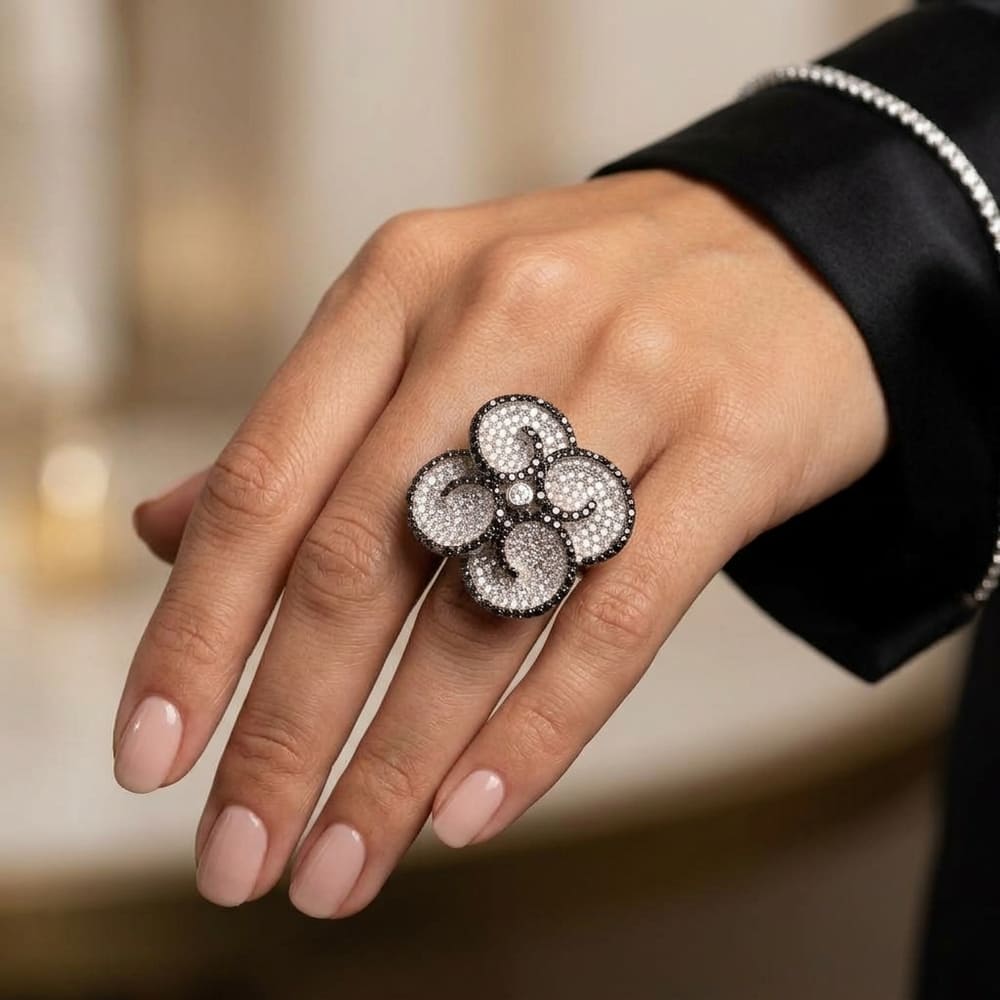 Grande bague zircons blancs noirs argent massif 925