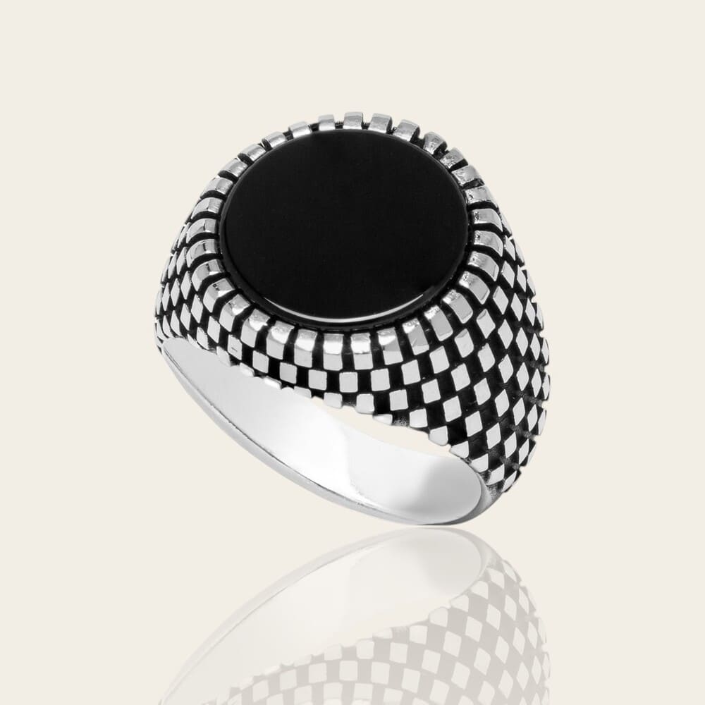 Chevalière homme onyx argent 925 vieilli