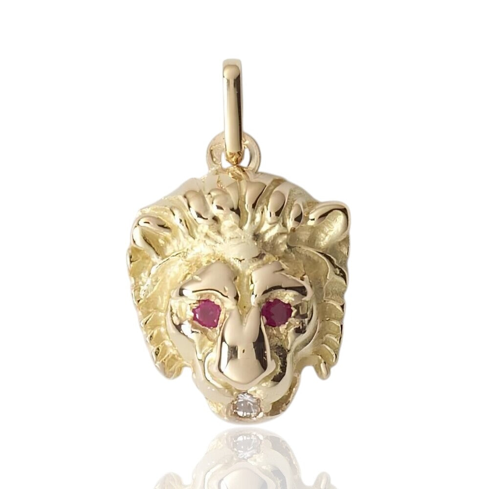 Lucas Lucor Lion Head Pendant with Diamond, Ruby, and 750 Yellow Gold